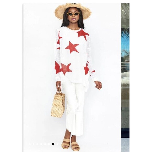 Show Me Your Mumu Bronson Star Tossed Red Star Oversized Pullover Sweater Sz XS - Picture 9 of 16